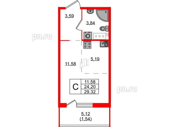 Квартира в ЖК Simple, студия, 29.32 м², 2 этаж