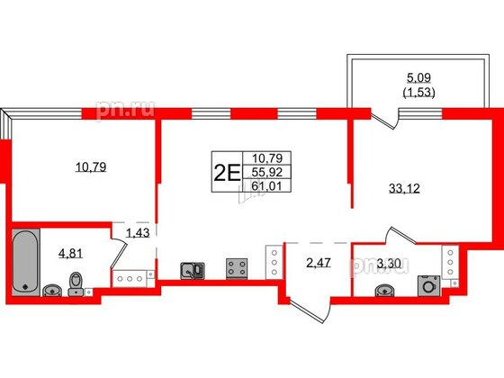 Квартира в ЖК Simple, 1 комнатная, 61.01 м², 2 этаж