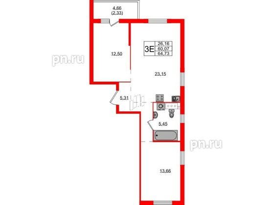 Квартира в ЖК Simple, 2 комнатная, 64.73 м², 2 этаж