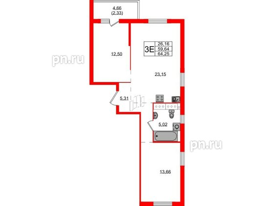 Квартира в ЖК Simple, 2 комнатная, 64.25 м², 17 этаж