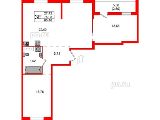 Квартира в ЖК Simple, 3 комнатная, 80.46 м², 2 этаж