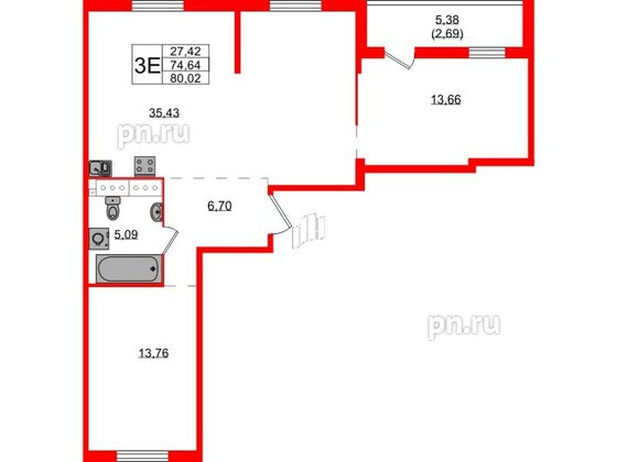 Квартира в ЖК Simple, 3 комнатная, 80.02 м², 17 этаж