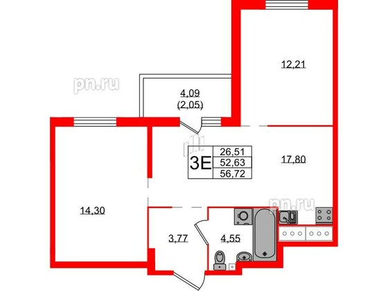 Квартира в ЖК Simple, 2 комнатная, 56.72 м², 11 этаж