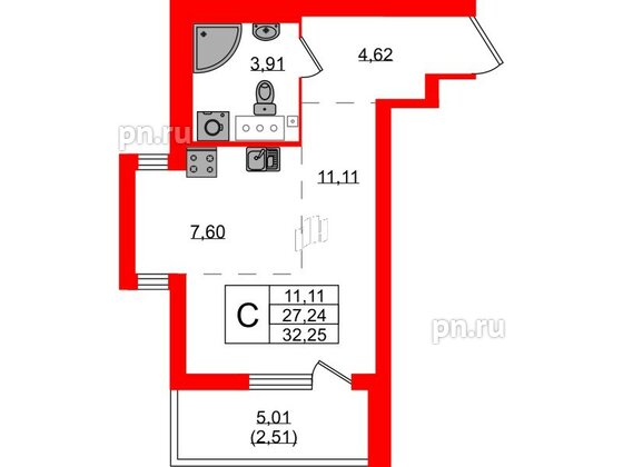 Квартира в ЖК Simple, студия, 32.25 м², 3 этаж