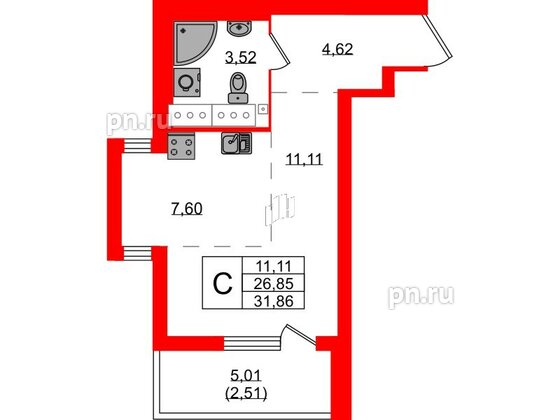 Квартира в ЖК Simple, студия, 31.86 м², 24 этаж