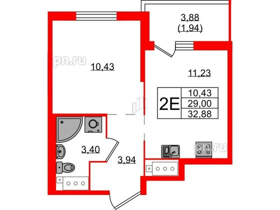 Квартира в ЖК Simple, 1 комнатная, 32.88 м², 5 этаж