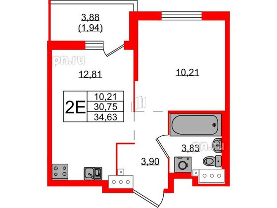 Квартира в ЖК Simple, 1 комнатная, 34.63 м², 2 этаж