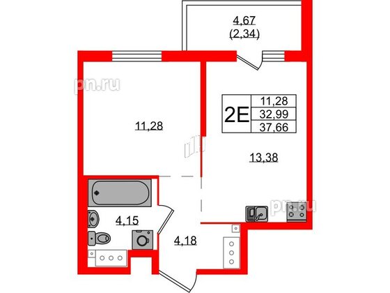 Квартира в ЖК Simple, 1 комнатная, 37.66 м², 13 этаж