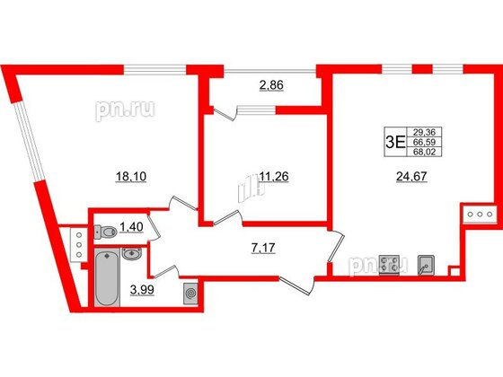 Квартира в ЖК Морская набережная 2, 2 комнатная, 69.9 м², 14 этаж