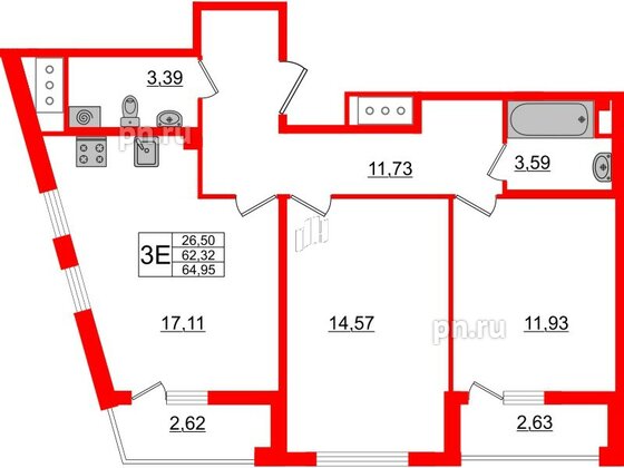 Квартира в ЖК Морская набережная 2, 2 комнатная, 64.2 м², 16 этаж