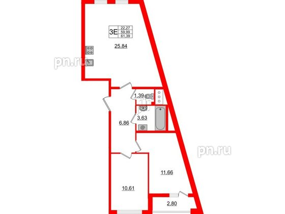 Квартира в ЖК Морская набережная 2, 2 комнатная, 61.39 м², 14 этаж