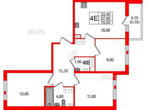 Квартира в ЖК Монография, 3 комнатная, 70 м², 11 этаж