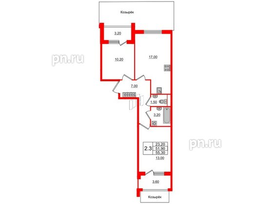 Квартира в ЖК Универ Сити, 2 комнатная, 51.9 м², 2 этаж