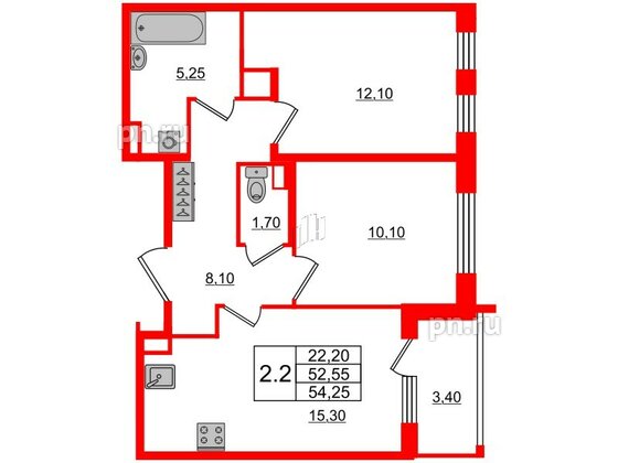 Квартира в ЖК Univer City, 2 комнатная, 52.55 м², 1 этаж