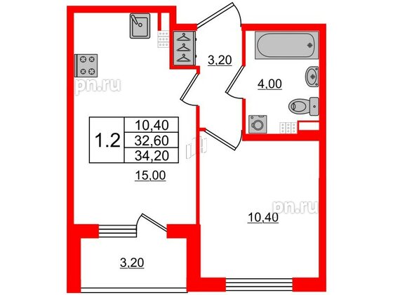 Квартира в ЖК 'Univer City', 1 комнатная, 32.6 м², 4 этаж