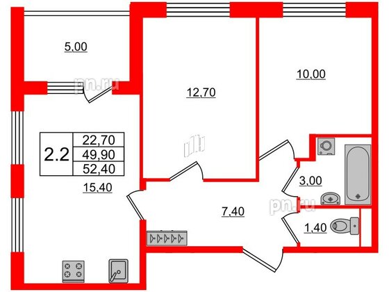 Квартира в ЖК Univer City, 2 комнатная, 49.9 м², 1 этаж