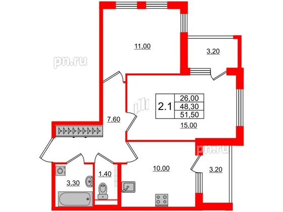 Квартира в ЖК 'Univer City', 2 комнатная, 48.3 м², 3 этаж