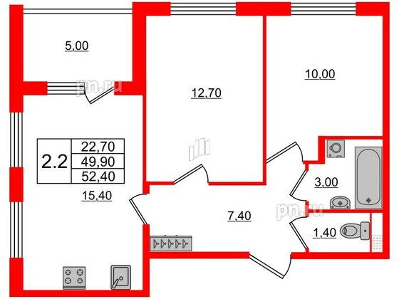 Квартира в ЖК 'Univer City', 2 комнатная, 49.9 м², 4 этаж