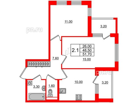 Квартира в ЖК 'Univer City', 2 комнатная, 48.5 м², 1 этаж