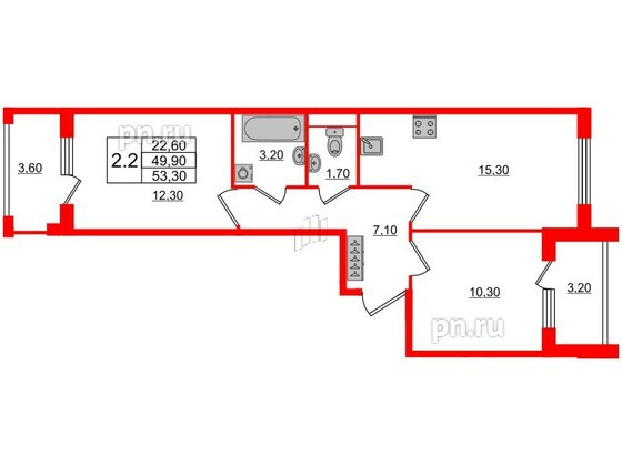 Квартира в ЖК Univer City, 2 комнатная, 49.9 м², 1 этаж