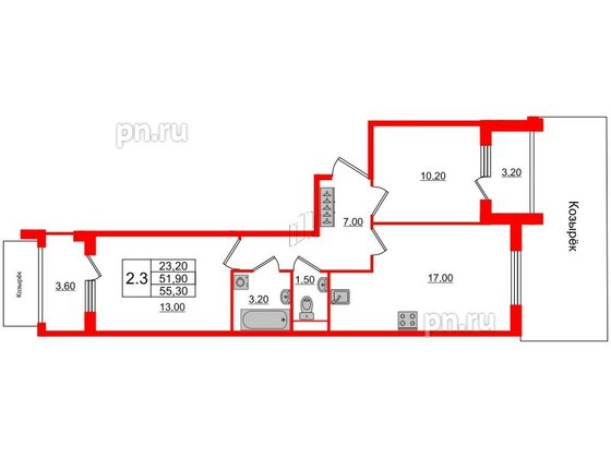 Квартира в ЖК 'Univer City', 2 комнатная, 51.9 м², 2 этаж