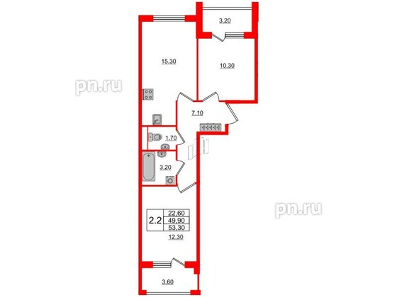 Квартира в ЖК Univer City, 2 комнатная, 49.9 м², 1 этаж