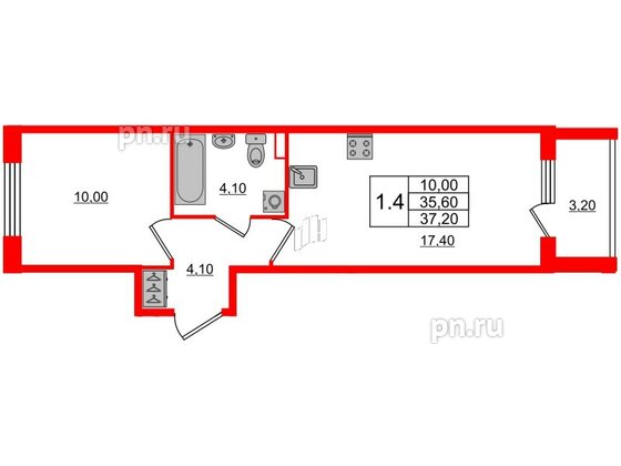 Квартира в ЖК Univer City, 1 комнатная, 35.6 м², 1 этаж