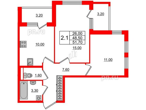 Квартира в ЖК 'Univer City', 2 комнатная, 48.5 м², 1 этаж