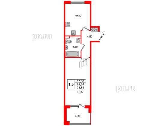 Квартира в ЖК Univer City, 1 комнатная, 36.05 м², 4 этаж