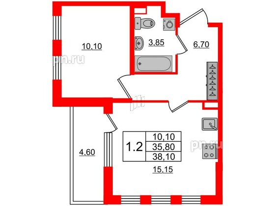 Квартира в ЖК Univer City, 1 комнатная, 36.1 м², 1 этаж