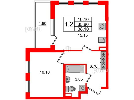 Квартира в ЖК Univer City, 1 комнатная, 36 м², 1 этаж