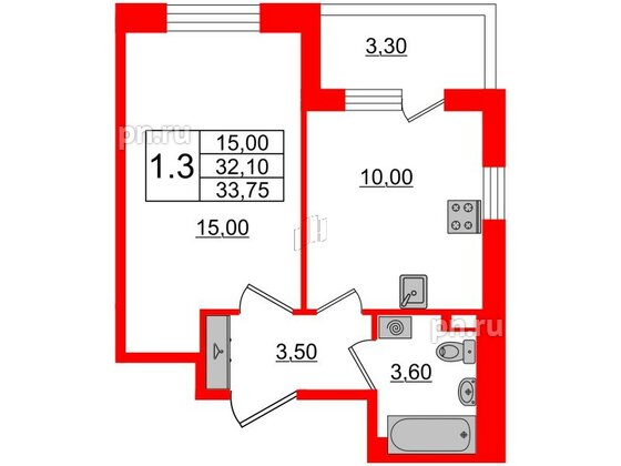 Квартира в ЖК Univer City, 1 комнатная, 32.3 м², 2 этаж