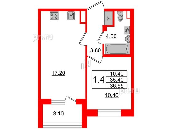 Квартира в ЖК Univer City, 1 комнатная, 34.7 м², 2 этаж