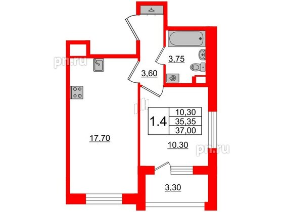 Квартира в ЖК Univer City, 1 комнатная, 35.6 м², 2 этаж