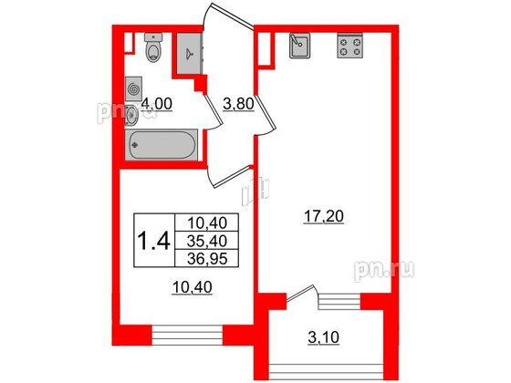 Квартира в ЖК Univer City, 1 комнатная, 34.7 м², 2 этаж