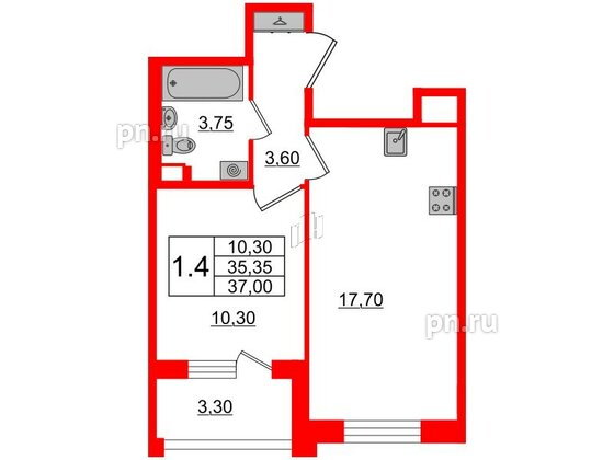 Квартира в ЖК Univer City, 1 комнатная, 35.5 м², 2 этаж