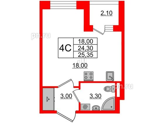 Квартира в ЖК Univer City, студия, 24.5 м², 2 этаж