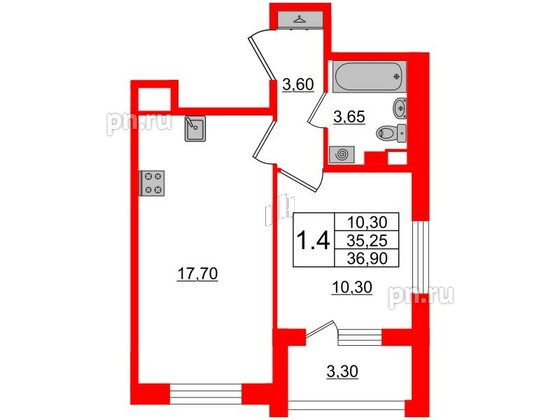 Квартира в ЖК Univer City, 1 комнатная, 35.2 м², 4 этаж