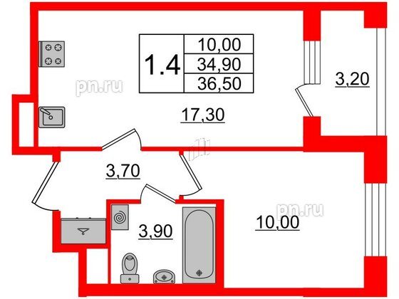 Квартира в ЖК Univer City, 1 комнатная, 35.2 м², 1 этаж