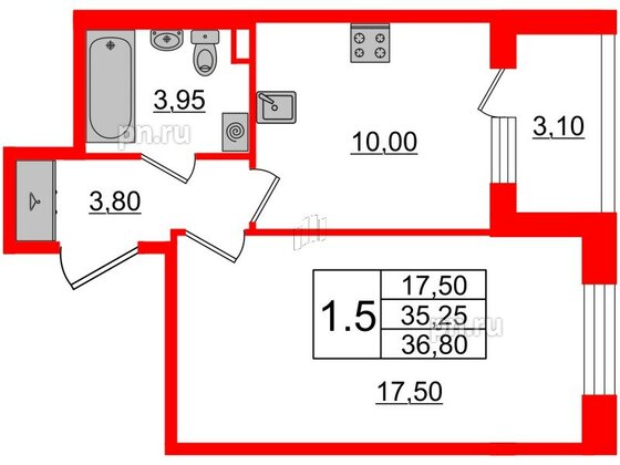 Квартира в ЖК Univer City, 1 комнатная, 35.2 м², 1 этаж