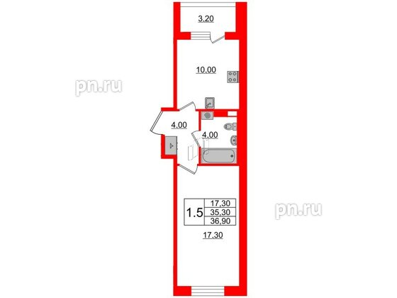 Квартира в ЖК Univer City, 1 комнатная, 35.4 м², 4 этаж