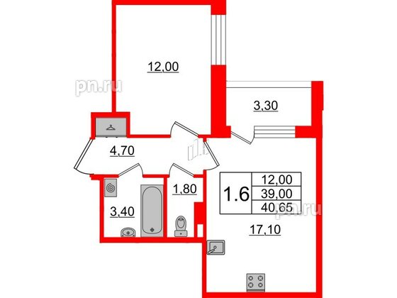 Квартира в ЖК Univer City, 1 комнатная, 39 м², 4 этаж