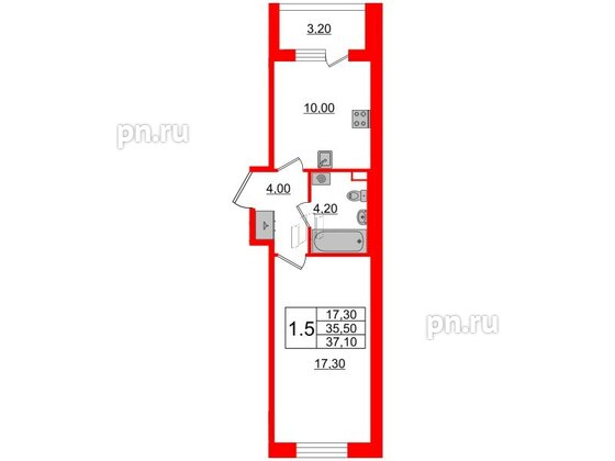 Квартира в ЖК Univer City, 1 комнатная, 35.6 м², 2 этаж