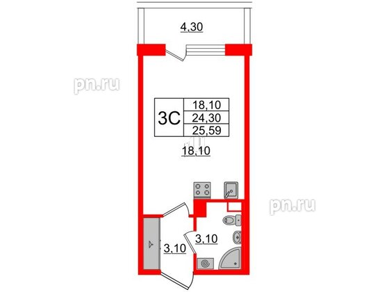 Квартира в ЖК Univer City, студия, 24.4 м², 4 этаж