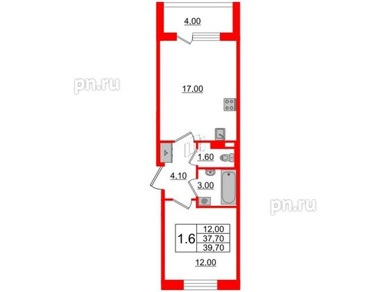 Квартира в ЖК Univer City, 1 комнатная, 38.2 м², 4 этаж