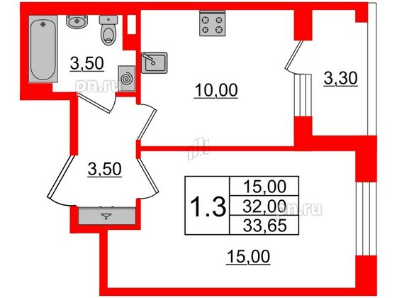 Квартира в ЖК Univer City, 1 комнатная, 31.9 м², 4 этаж