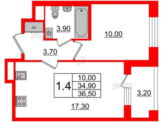 Квартира в ЖК Univer City, 1 комнатная, 34.6 м², 1 этаж