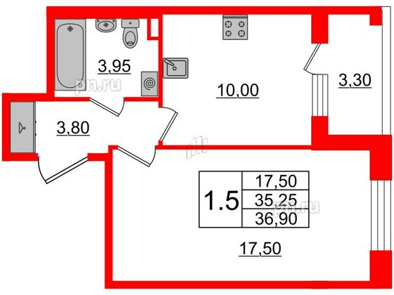 Квартира в ЖК Univer City, 1 комнатная, 35.1 м², 2 этаж