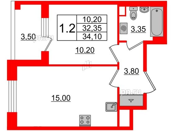 Квартира в ЖК Univer City, 1 комнатная, 32.4 м², 4 этаж