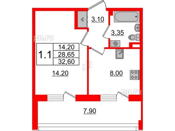 Квартира в ЖК Univer City, 1 комнатная, 28.65 м², 2 этаж